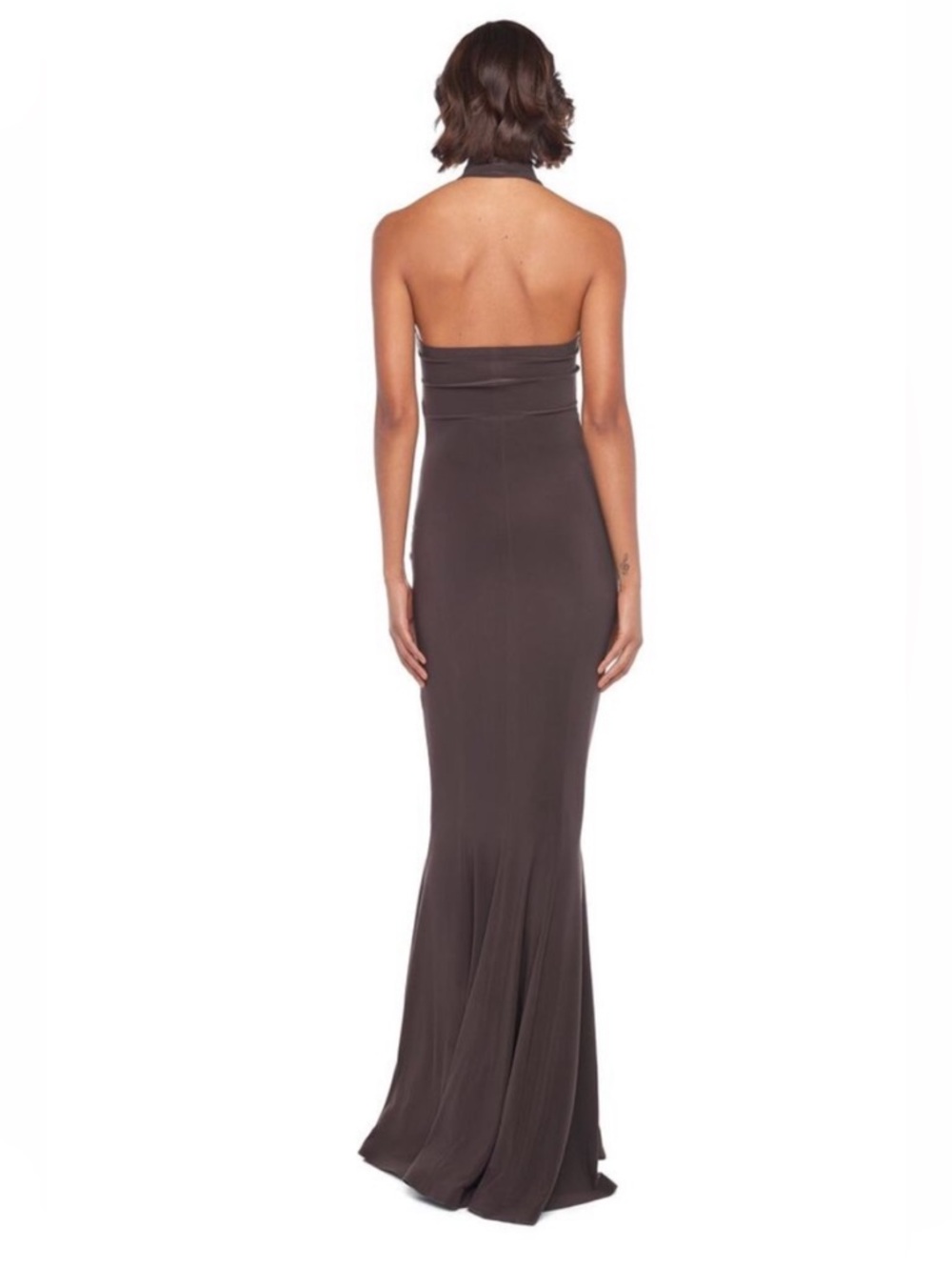 NORMA KAMALI Halter Turtle Fishtail
Gown 4-Way Stretch Chocolate brown sz XS - Picture 2 of 8